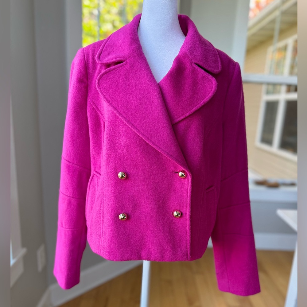 The Limited Hot Pink Fuschia Gold Button Wool Cropped Trench Jacket Large